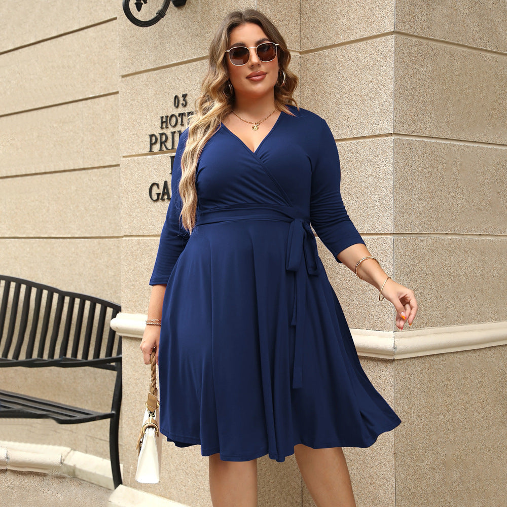 FZ Women's Plus Size V Neck Flounce High Waist A line Dress Yido