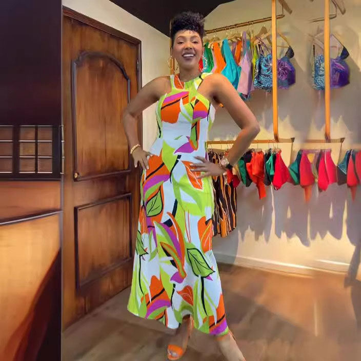 FZ Women's Printing Sleeveless Cold Shoulder Slim Vest Sundress WINNIEYA