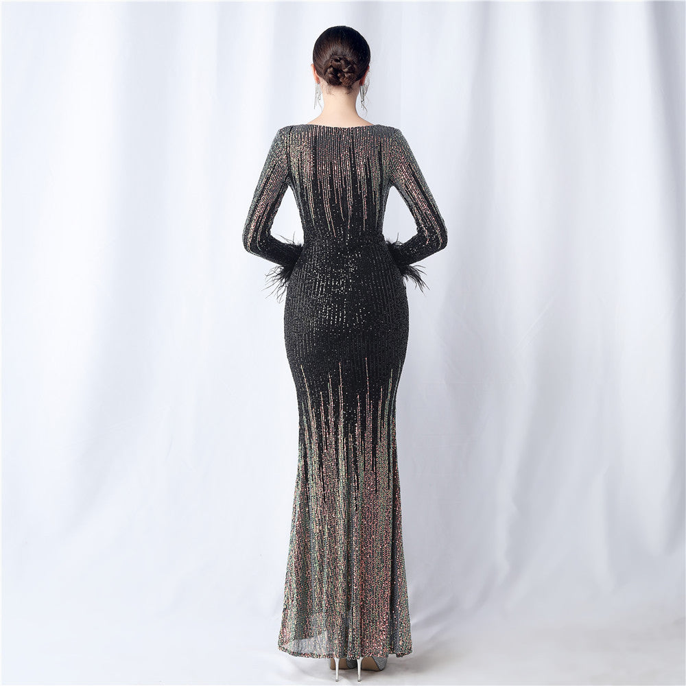 FZ Women's Ostrich Feather Gradient Sequin Long Sleeve Evening Dress - FZwear