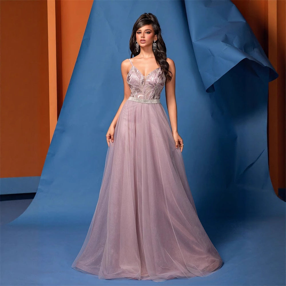 FZ Women's V neck Brace Sequin A Hem Backless Beaded Mesh Evening Dress