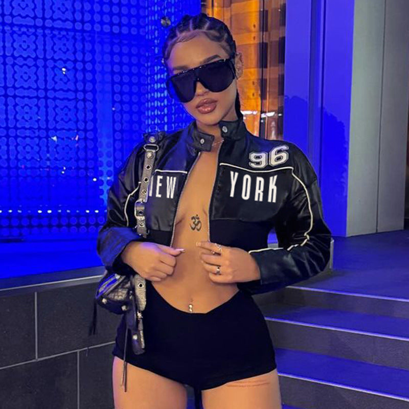 FZ Women's Locomotive Bud Stripe Numbers Short Faux Leather Jacket