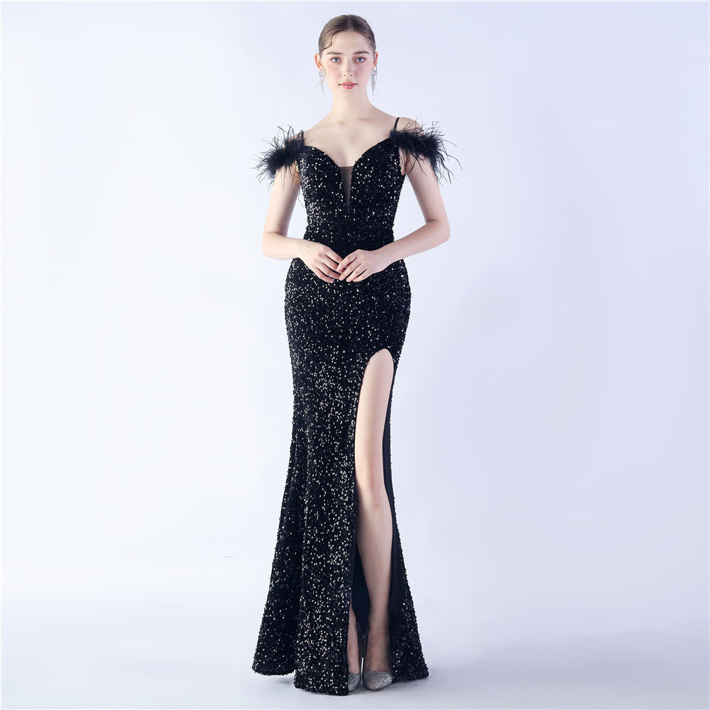 FZ Women's Ostrich Feather High Density Sequined Evening Dress - FZwear