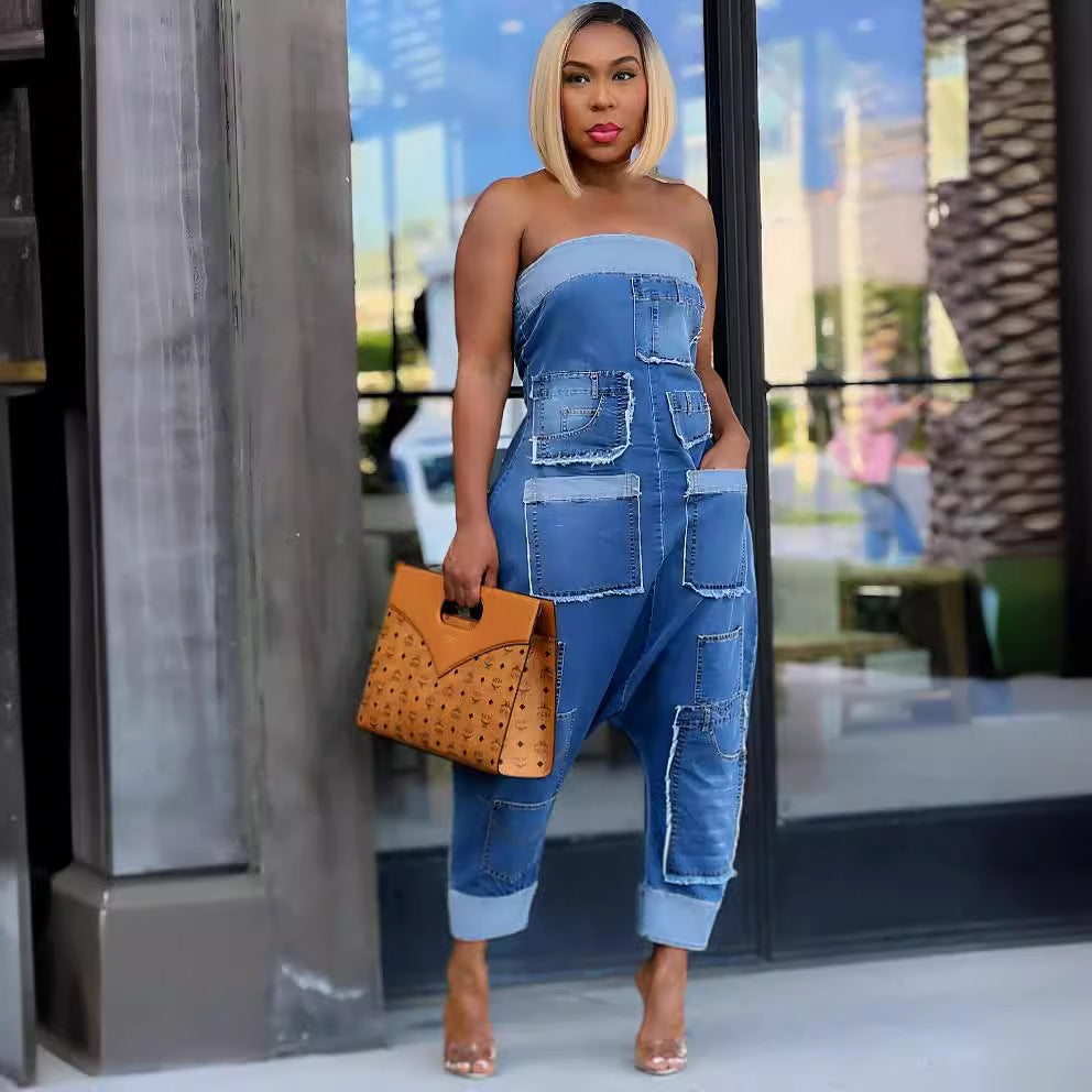 FZ Women's Multi Pocket Stitching Washed Loose Sleeveless Denim Jumpsuit - FZwear
