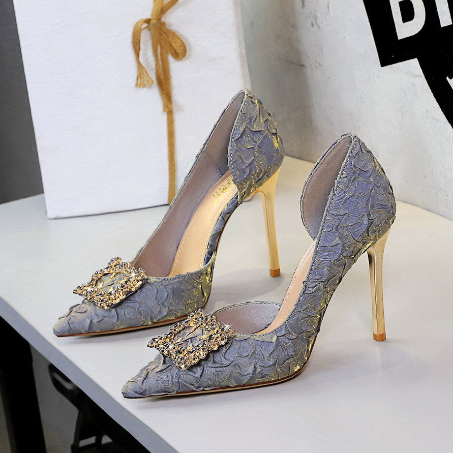 FZ Women's French Rhinestone Square Buckle Side Hollow Out Stiletto Shoes