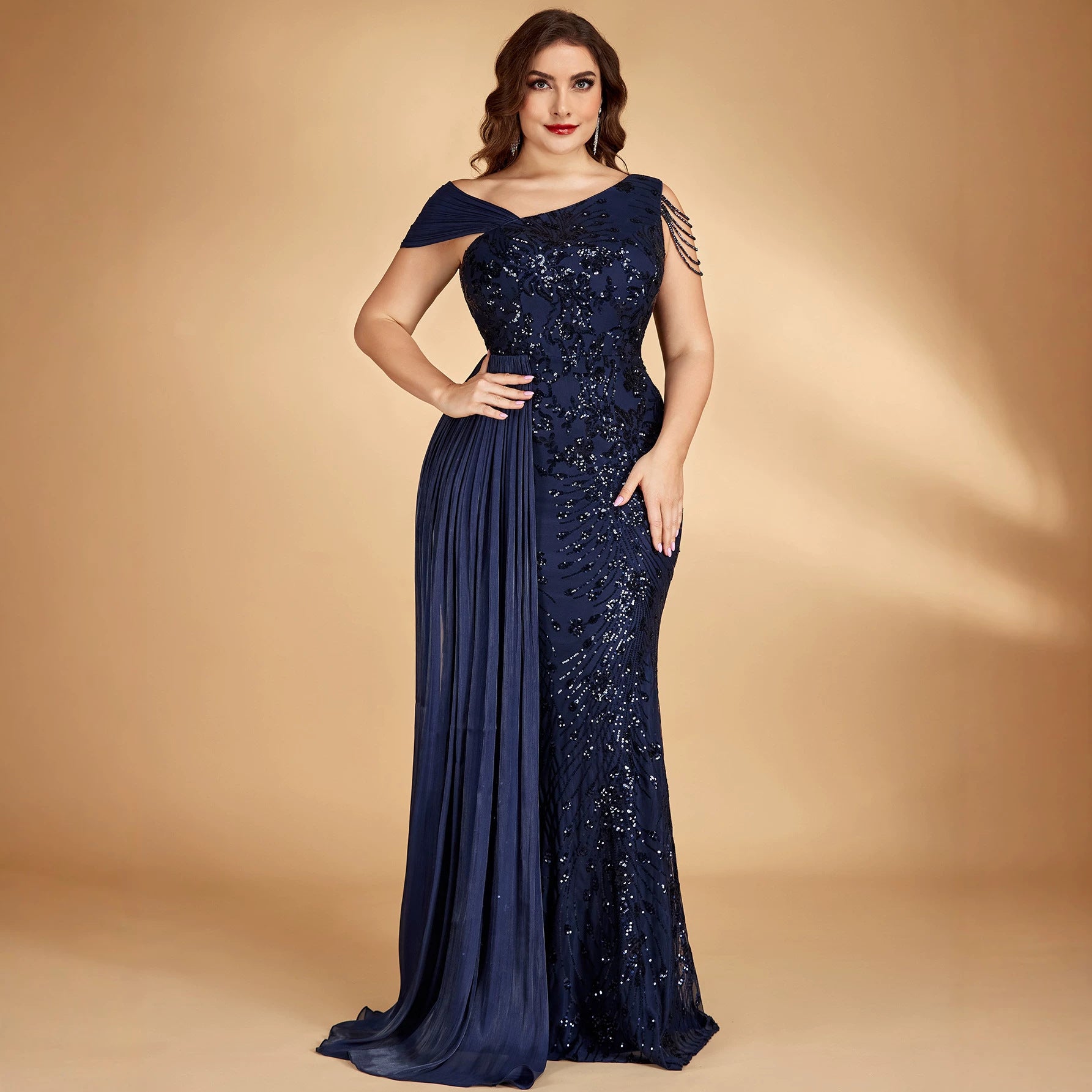 FZ Women's Plus Size Sequined Cocktail Beaded Ribbon One Shoulder Evening Dress