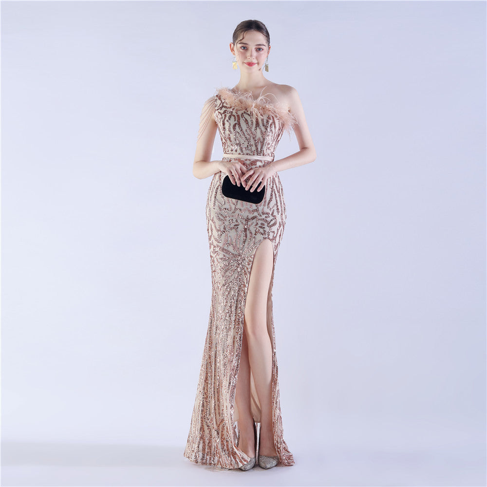 FZ Women's Ostrich Hair Diagonal Collar One Shoulder High End Evening Dress - FZwear