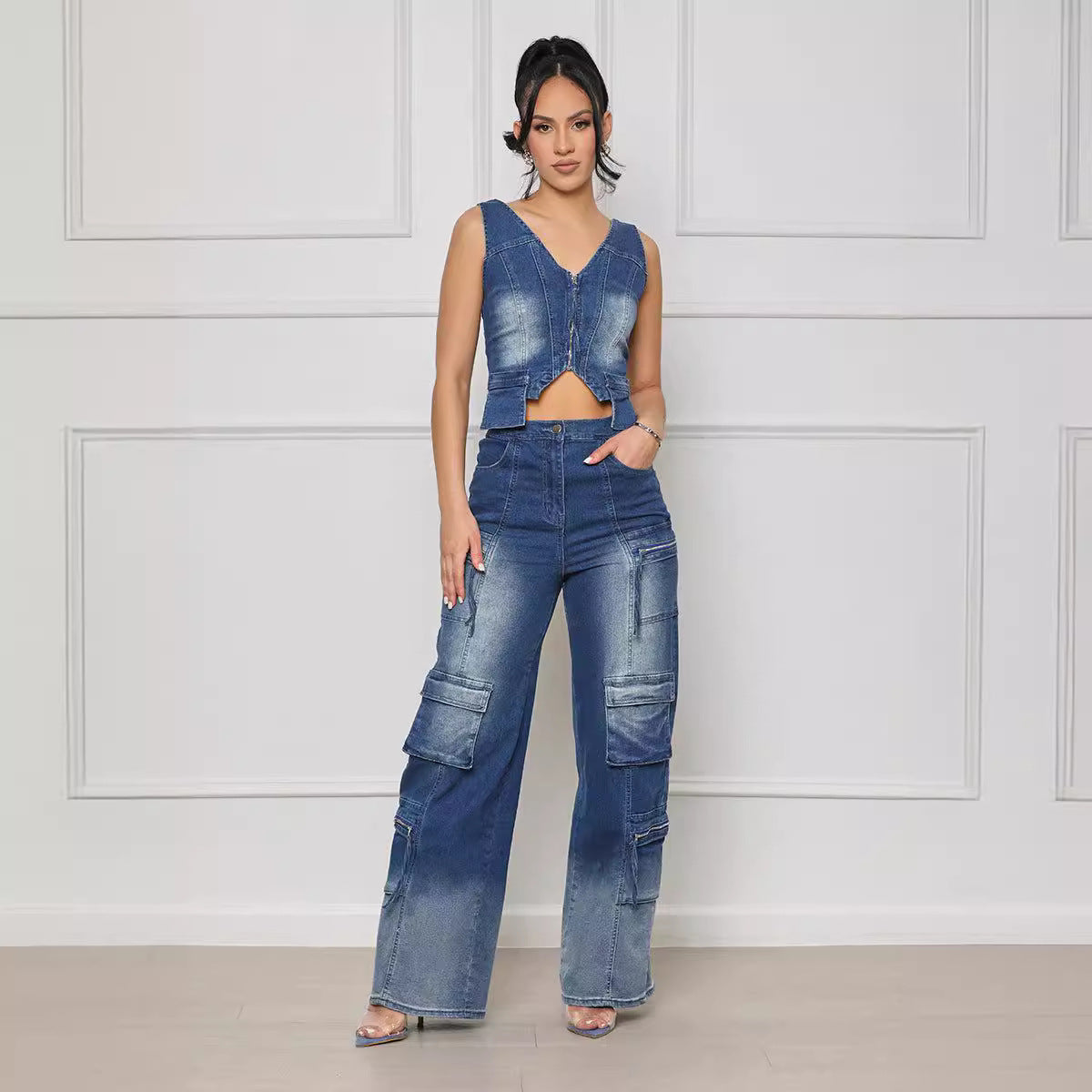 FZ Women's Casual Multi Pocket Wide Leg Retro Pants Suit - FZwear