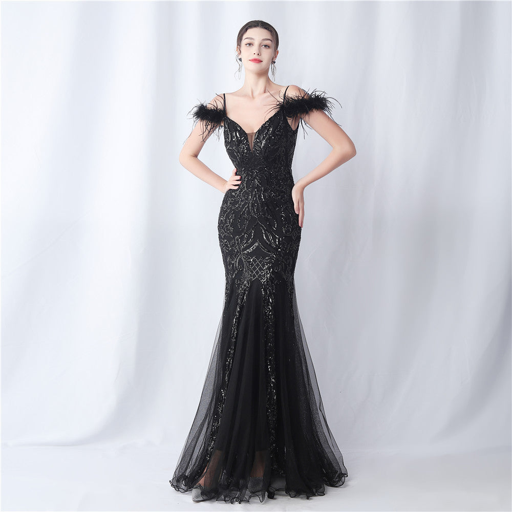 FZ Women's Ostrich Feather Craft Mesh Floral Sequin Evening Dress - FZwear