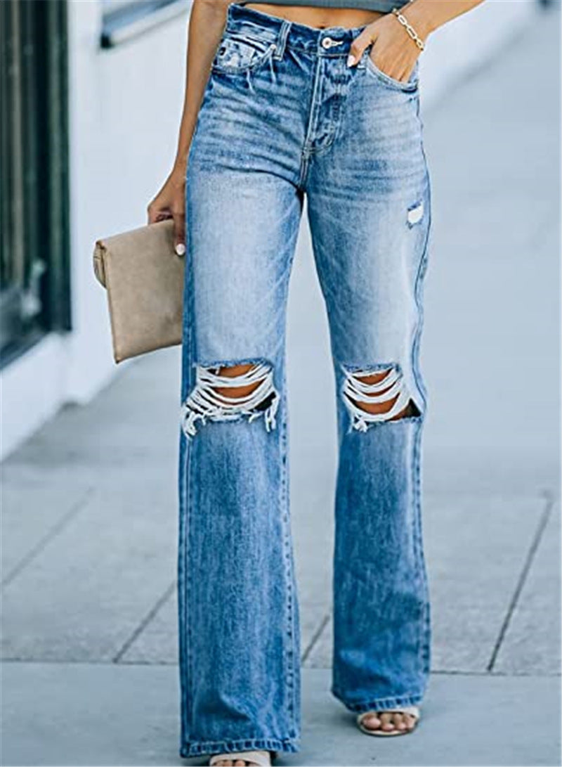 FZ Women's High Waist Water Washed Hole Casual Denim Pants - FZwear