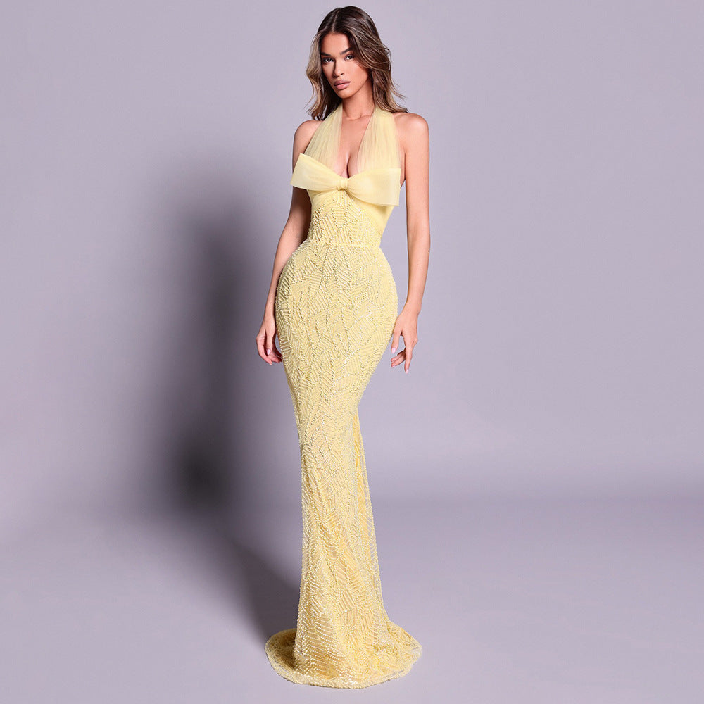 FZ Women's Heavy Industry Bead Bow Halter Evening Dress