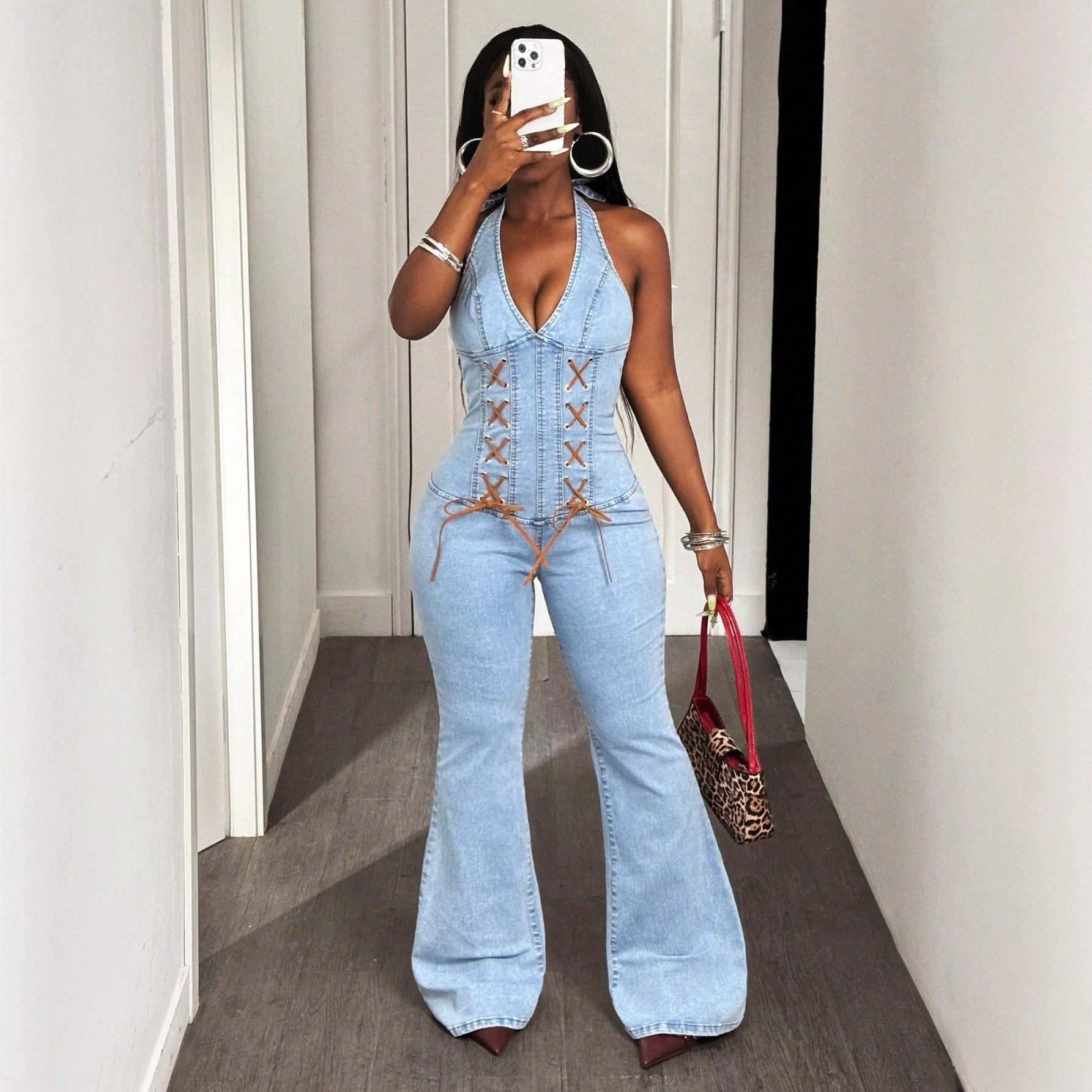 FZ Women's Halter Tight Waist Slim Elastic Denim Jumpsuit