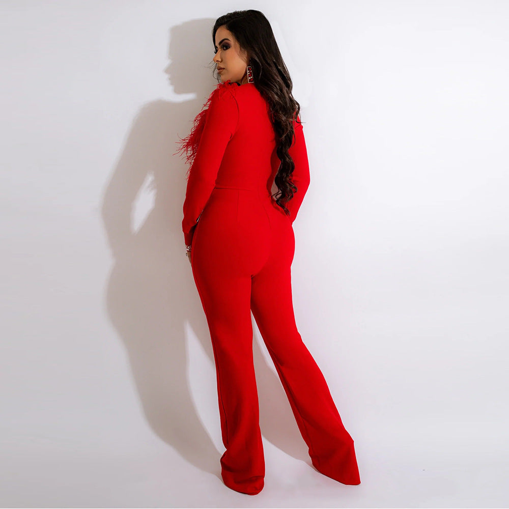 FZ Women's Sexy Deep V Plunge Feather Collar Wide Leg Jumpsuit - FZwear