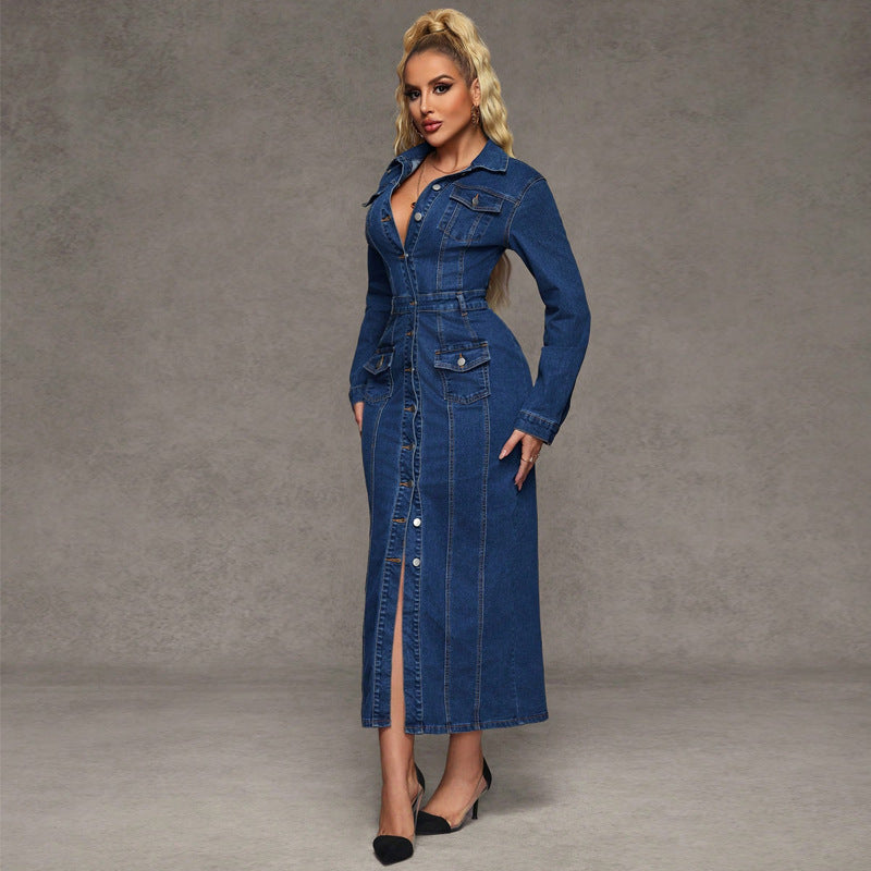 FZ Women's Double Breasted Waist Tight Maxi Denim Dress