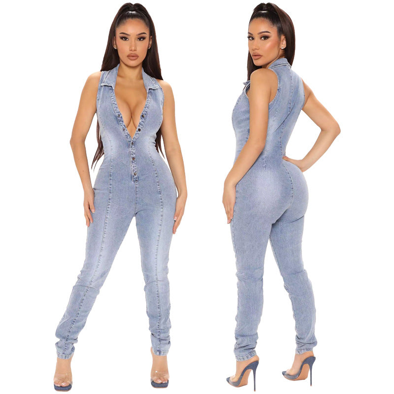 FZ Women's Sleeveless Open Chest Wash Denim Jumpsuit - FZwear