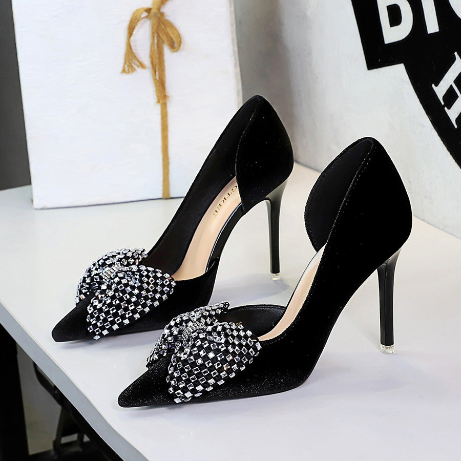 FZ Women's Rhinestone Bow Pointed Slip on Side Hollow Out Pumps