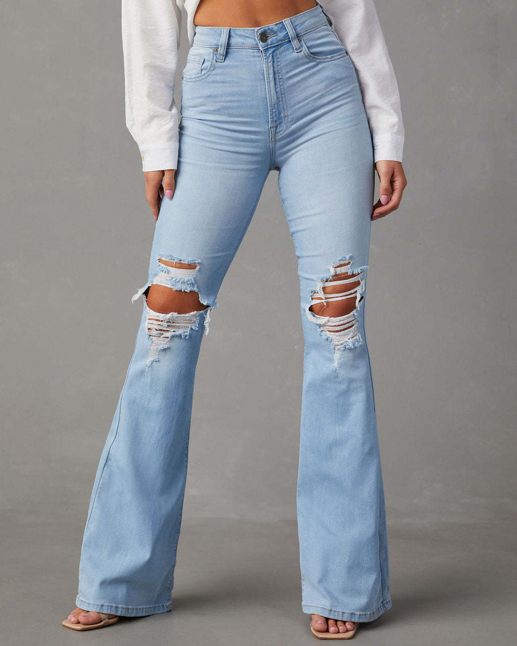FZ Women's High Waist Ripped Bell Bottom Denim Pants - FZwear
