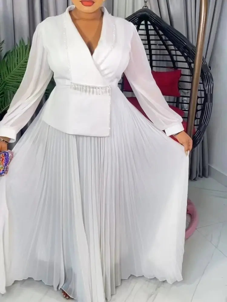 Plus Size Solid Color Long Sleeved Nail Bead Mid Waist Dress African Women's Party Evening Dress Pleated Dresses for Weddings FZwear