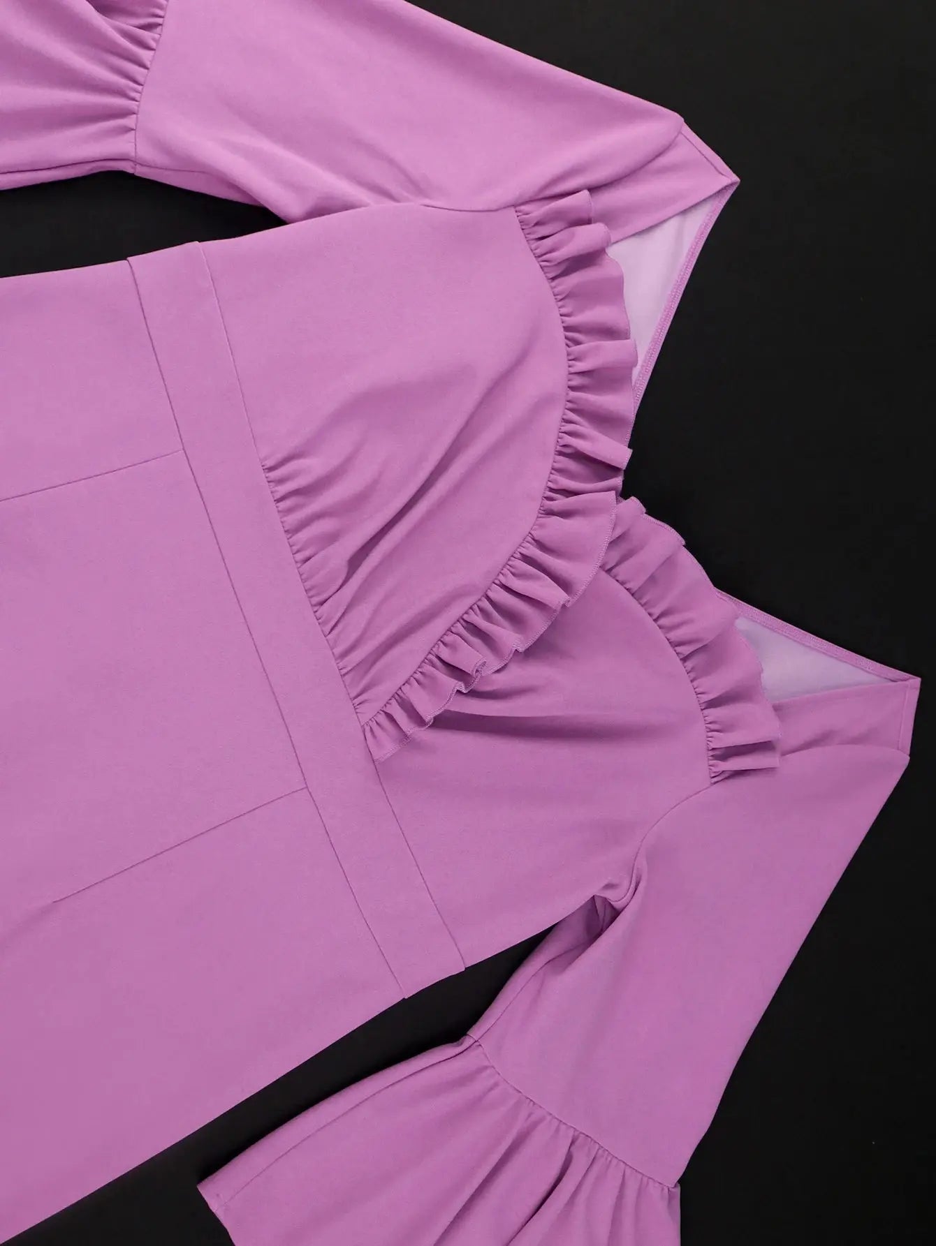 Pure Color Minimalist Patchwork Dress V-neck Ruffle Sleeve High Waisted Dress AOMEI New Sweet Purple Elegant Women's Dresses FZwear