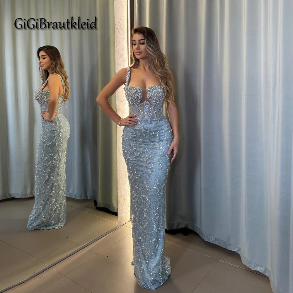 FZ Women's Mermaid Beadings Sequin Spaghetti Straps Evening Dress