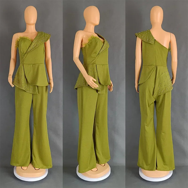 FZ Women's One Shoulder Feather Diamond Peplum One Piece Jumpsuit