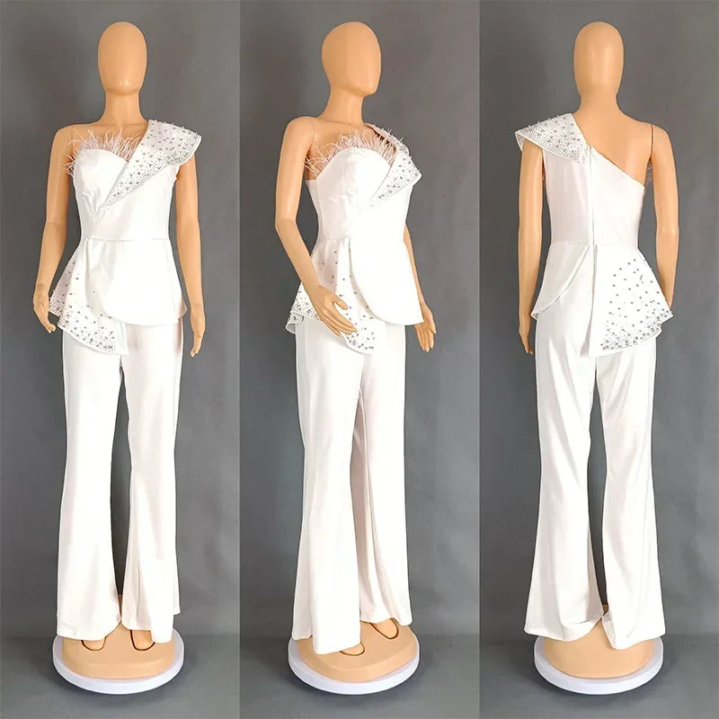 FZ Women's One Shoulder Feather Diamond Peplum One Piece Jumpsuit