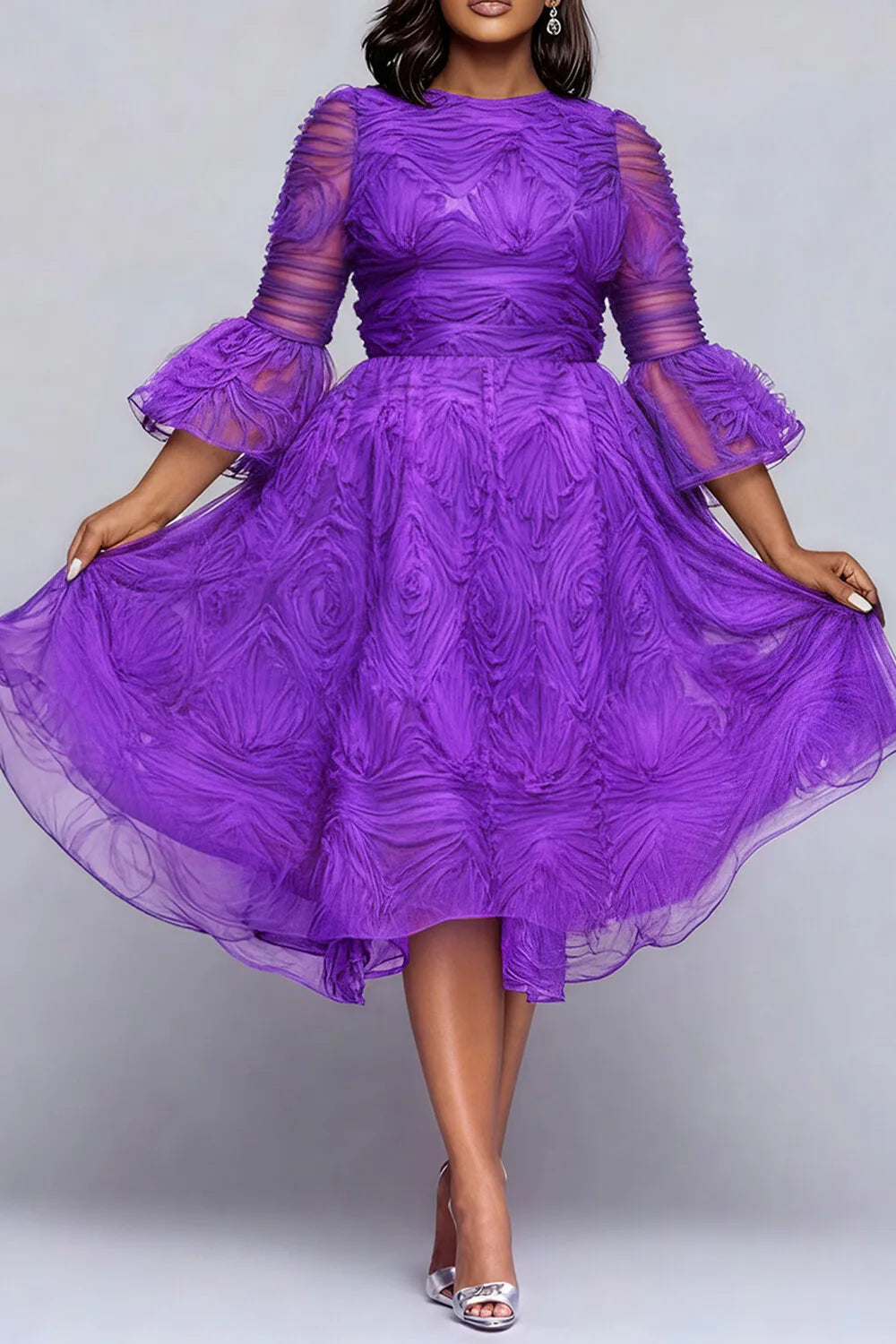 FZ Women's Plus Size Round Neck Flare 3/4 Sleeve Midi Dress