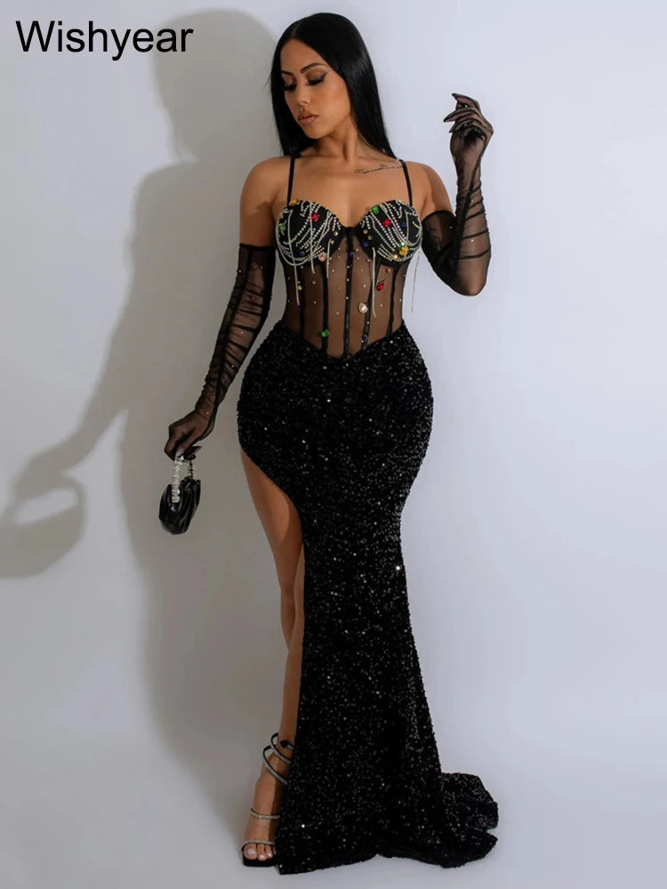 FZ Women's Sexy Strap with Cuff Tunic Diamonds Sequined High Side Split Evening Dress - FZwear