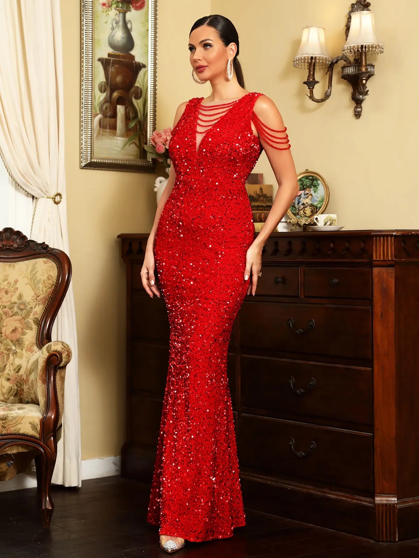 FZ Women's V Neck Beading Ladder Cut Out Sequin Maxi Evening Dress