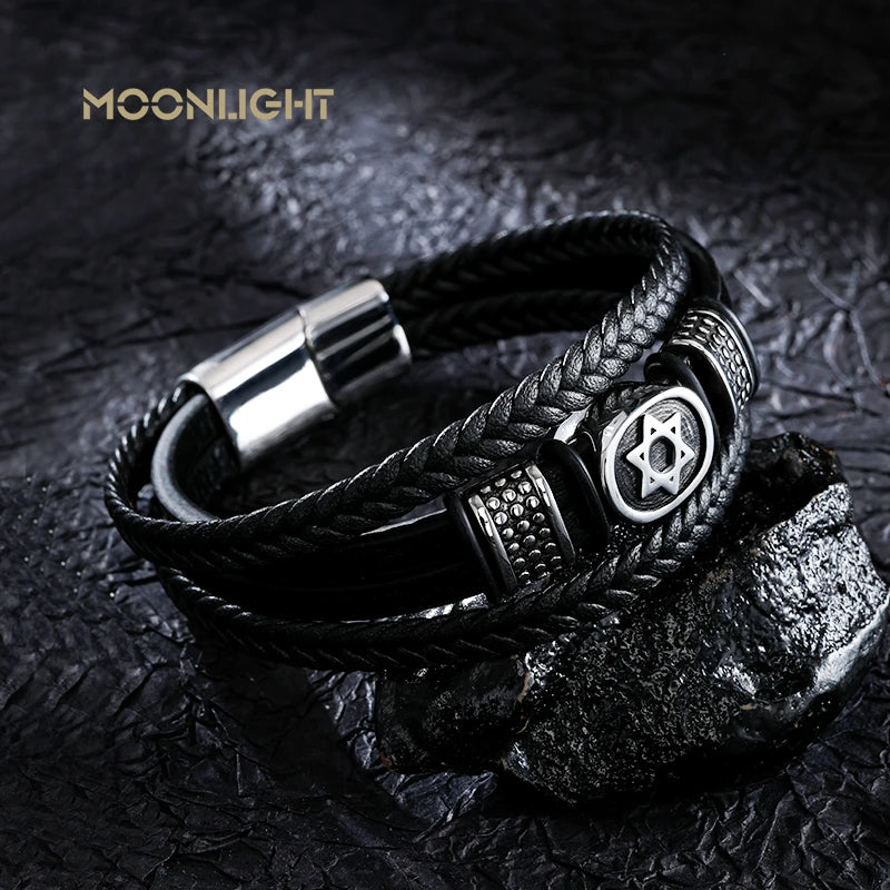 FZ Multi-layer Star Compass Shape Stainless Steel Leather Bracelet - FZwear