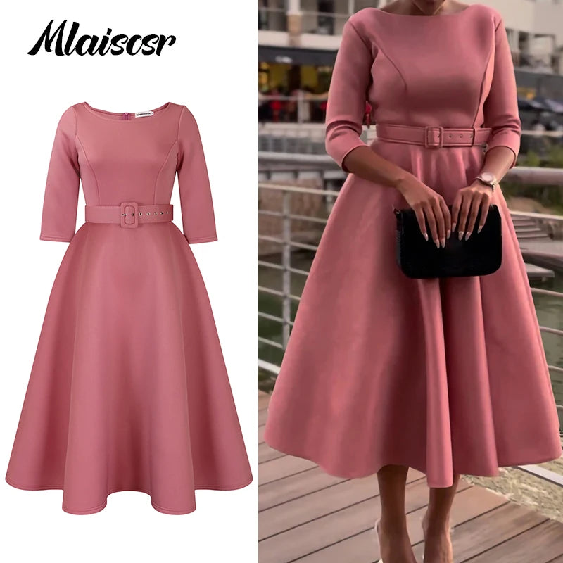 FZ Women's A-Line 3/4 Sleeve with Belt Midi Dress