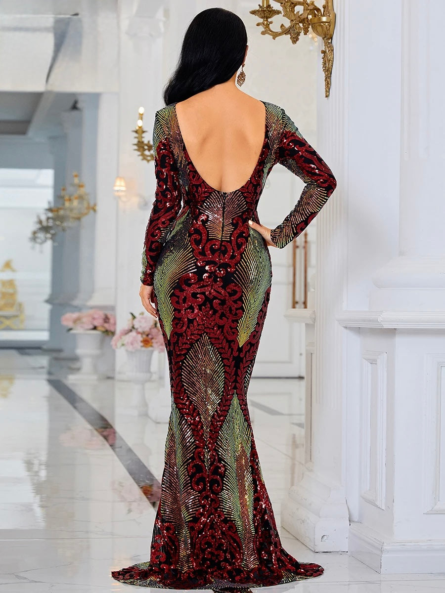 FZ Women's O Neck Long Sleeves Sequin Backless Maxi Mermaid Evening Dress