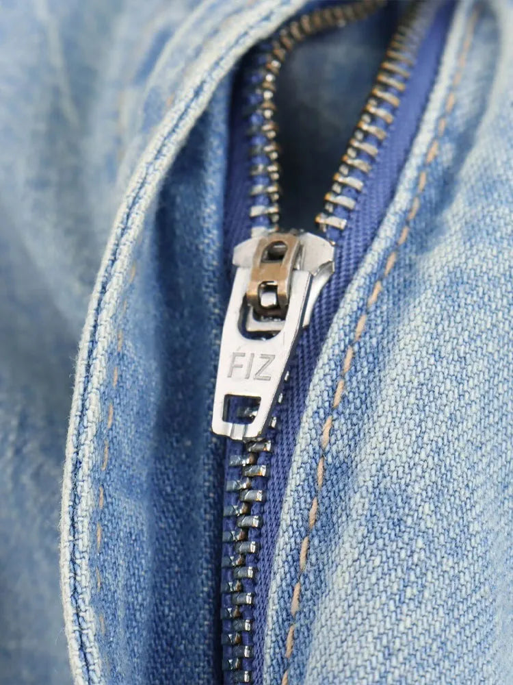 FZ Women's Washed Effect Metal Button Straight Denim Jumpsuit