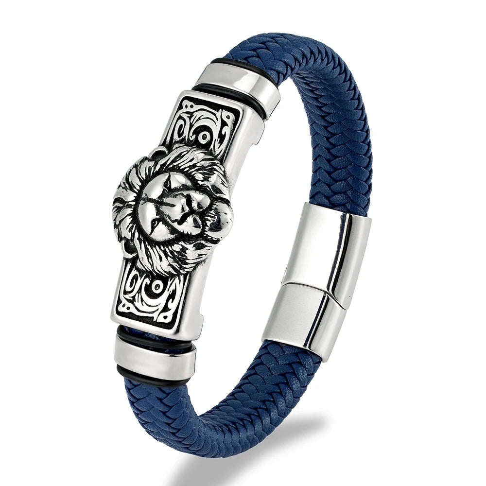 FZ Punk Lion Braided Genuine Leather Stainless Steel Magnetic Buckle Bracelet