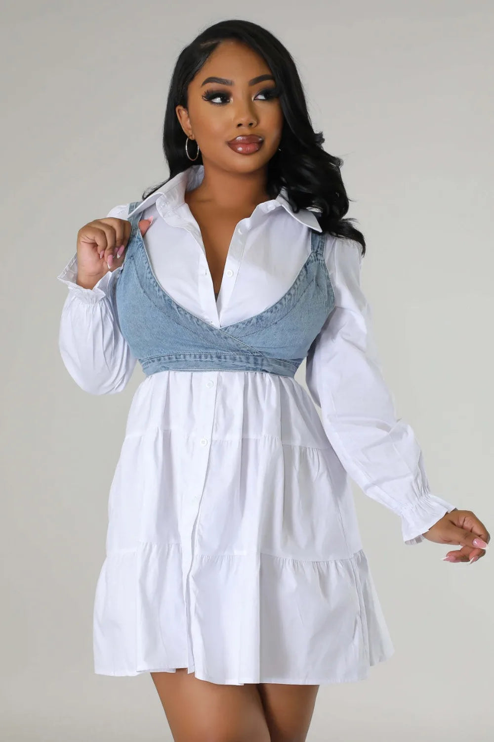 FZ Women Turndown Collar Button Long Sleeve Denim Shirt Dress - FZwear