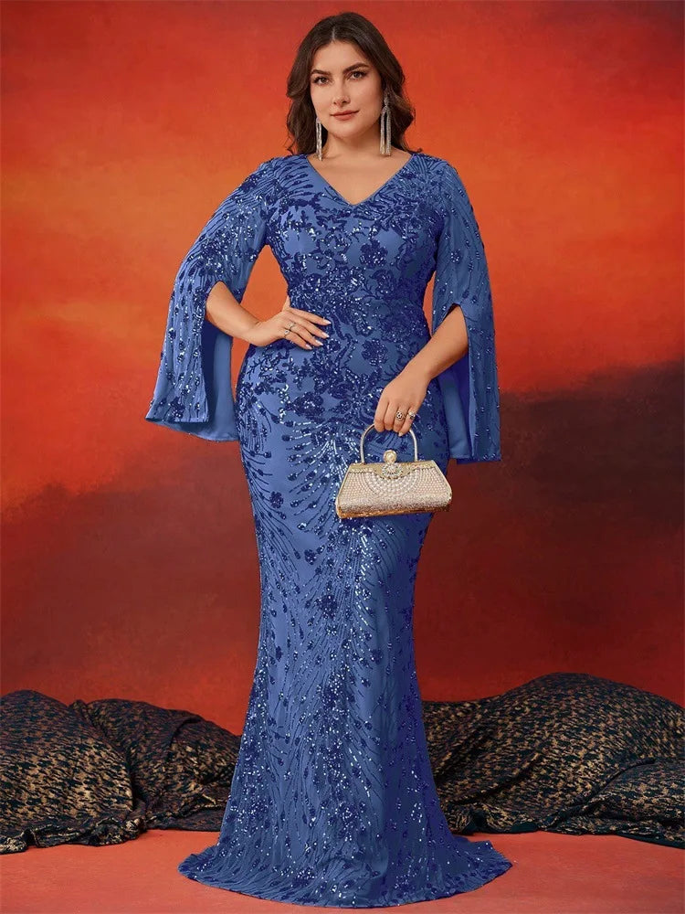 FZ Women's Plus Size Embroidery Long Sleeve Mermaid Sequins Evening Dress
