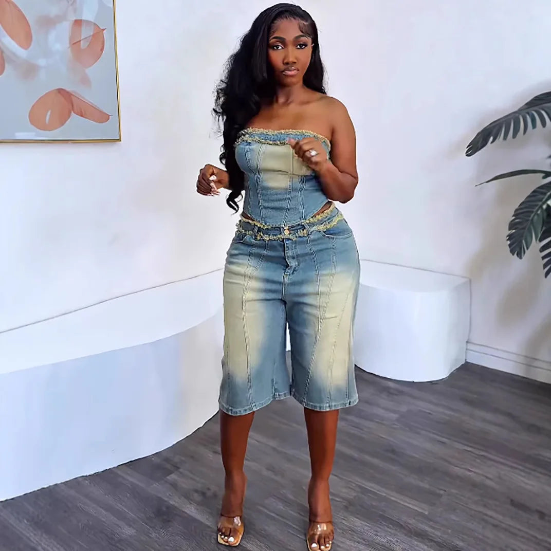 FZ Women's Fringed Strapless High-waisted Denim Shorts Suit