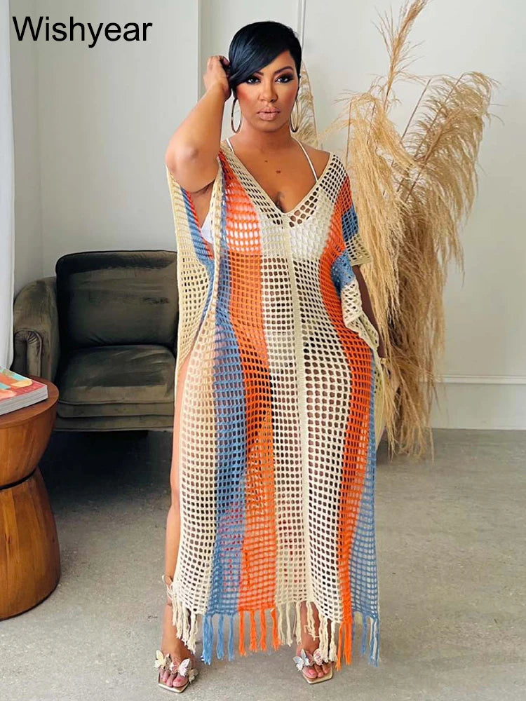 FZ Women's Rainbow Crochet Sexy Hollow Out Knit Swimsuit Cover Up - FZwear