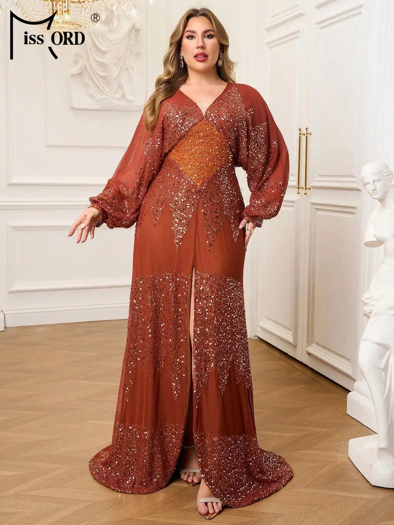 FZ Women's Plus Size V Neck Lantern Sleeve Sequin Evening Dress