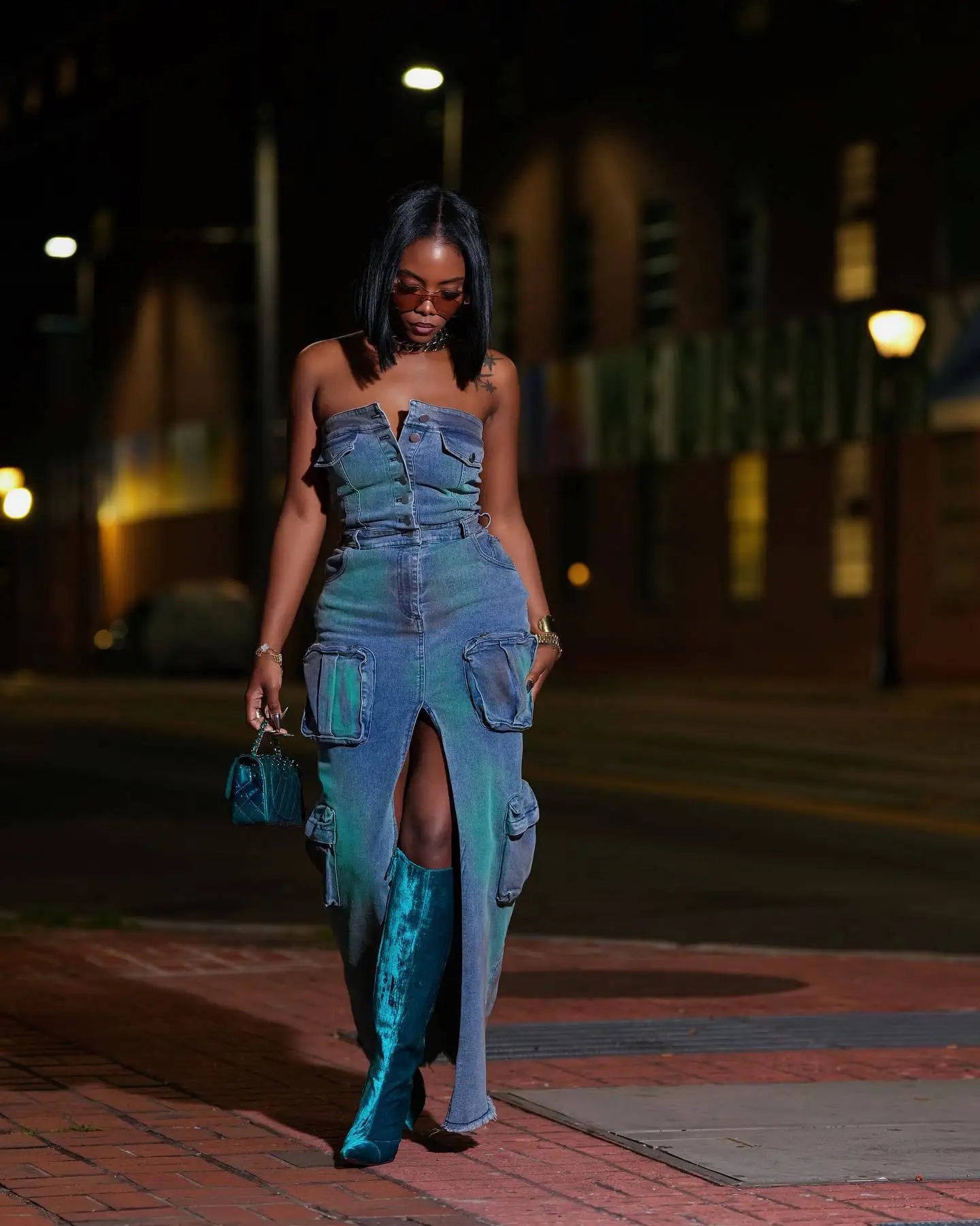 FZ Women's Multi Pockets Strapless Casual Maxi Split Denim Dress