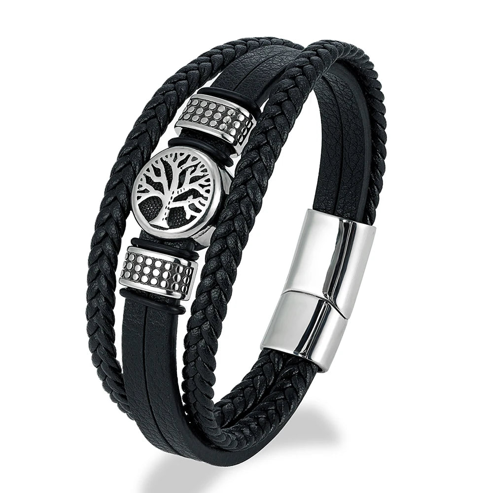 FZ Punk Style Stainless Steel Tree of Life Braided Multilayer Leather Bracelet