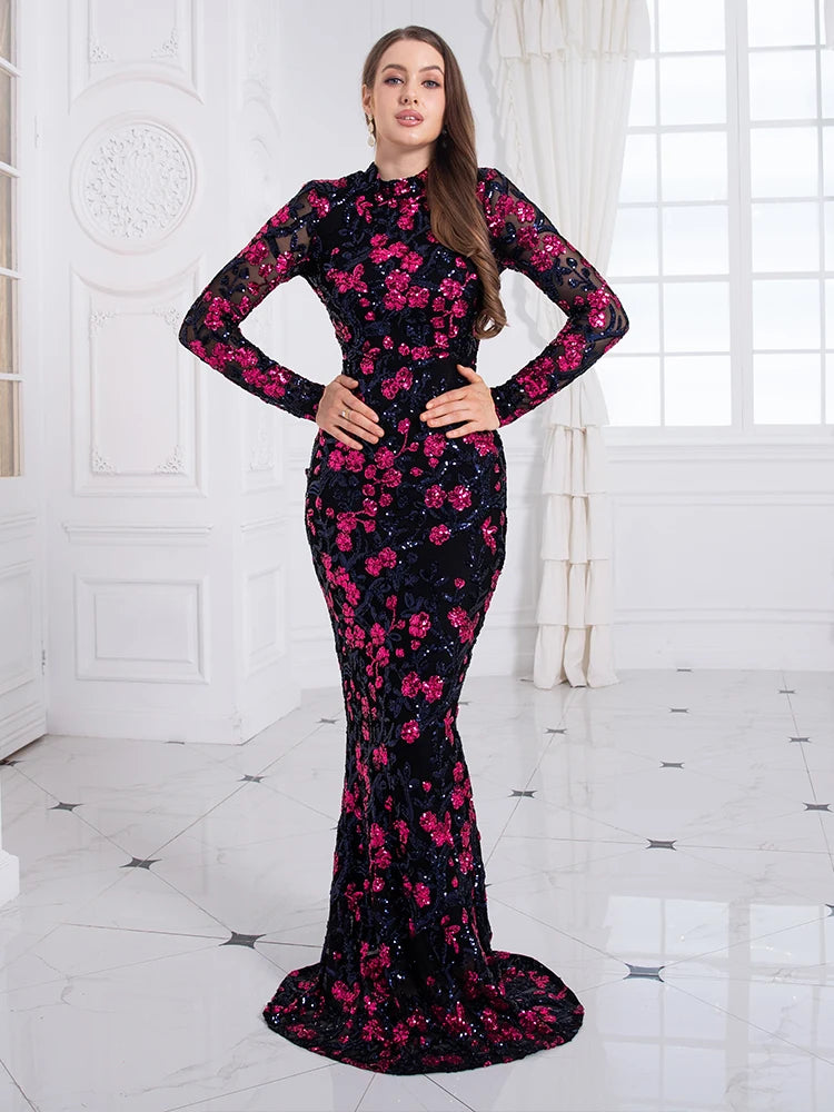 FZ Women's High Neck Floral Sequined See Through Long Sleeve Maxi Evening Dress