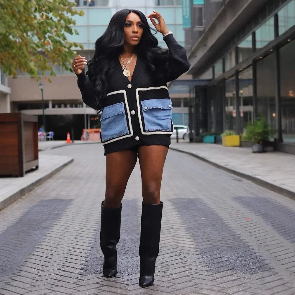 FZ Women's Patchwork Pearl Button Loose Knitted Streetwear Sweater Top