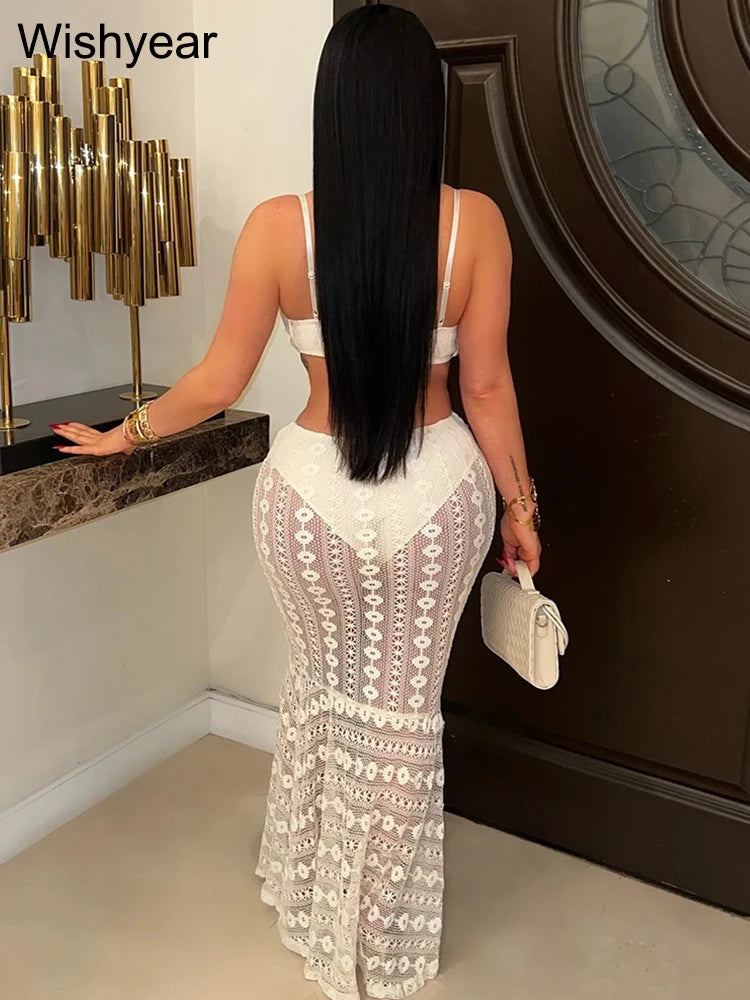 FZ Women's Spaghetti Strap V-Neck Hollow Out Lace See Through Maxi Dress