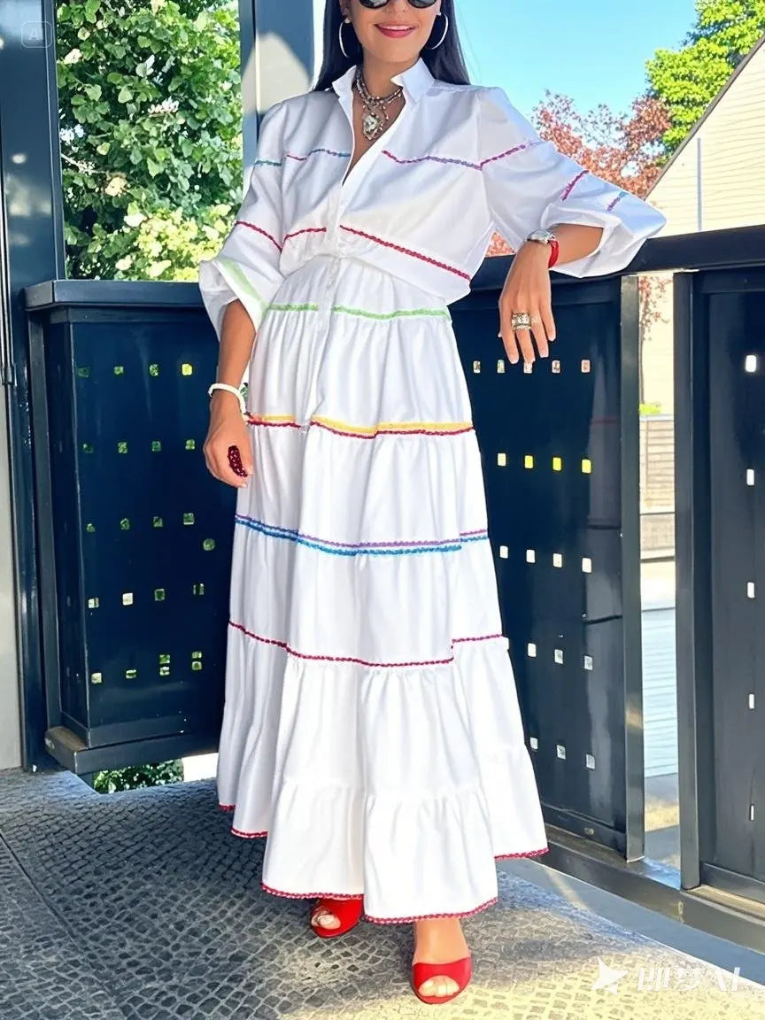 FZ Women's Evening Button Mock Neck Puff Sleeves A-line Maxi Dress