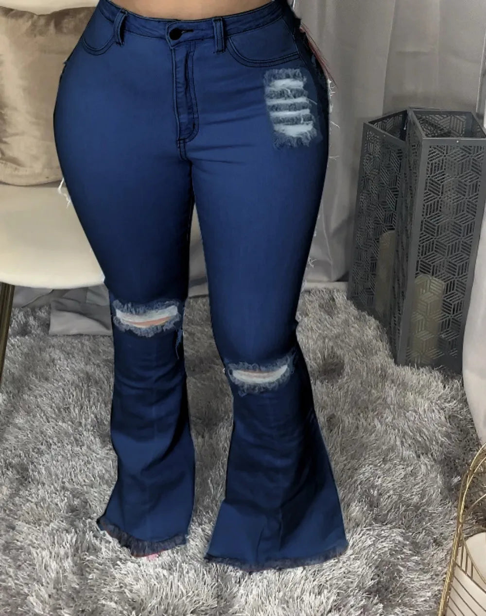 FZ Women's Hole Hollow Out Flared High Waisted Button Skinny Denim Pants - FZwear