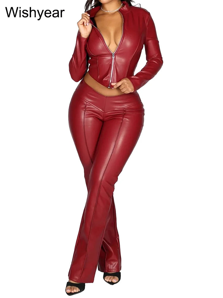 FZ Women's Streetwear Long Sleeve Stretch Slim and Flared PU Leather Pants Suit