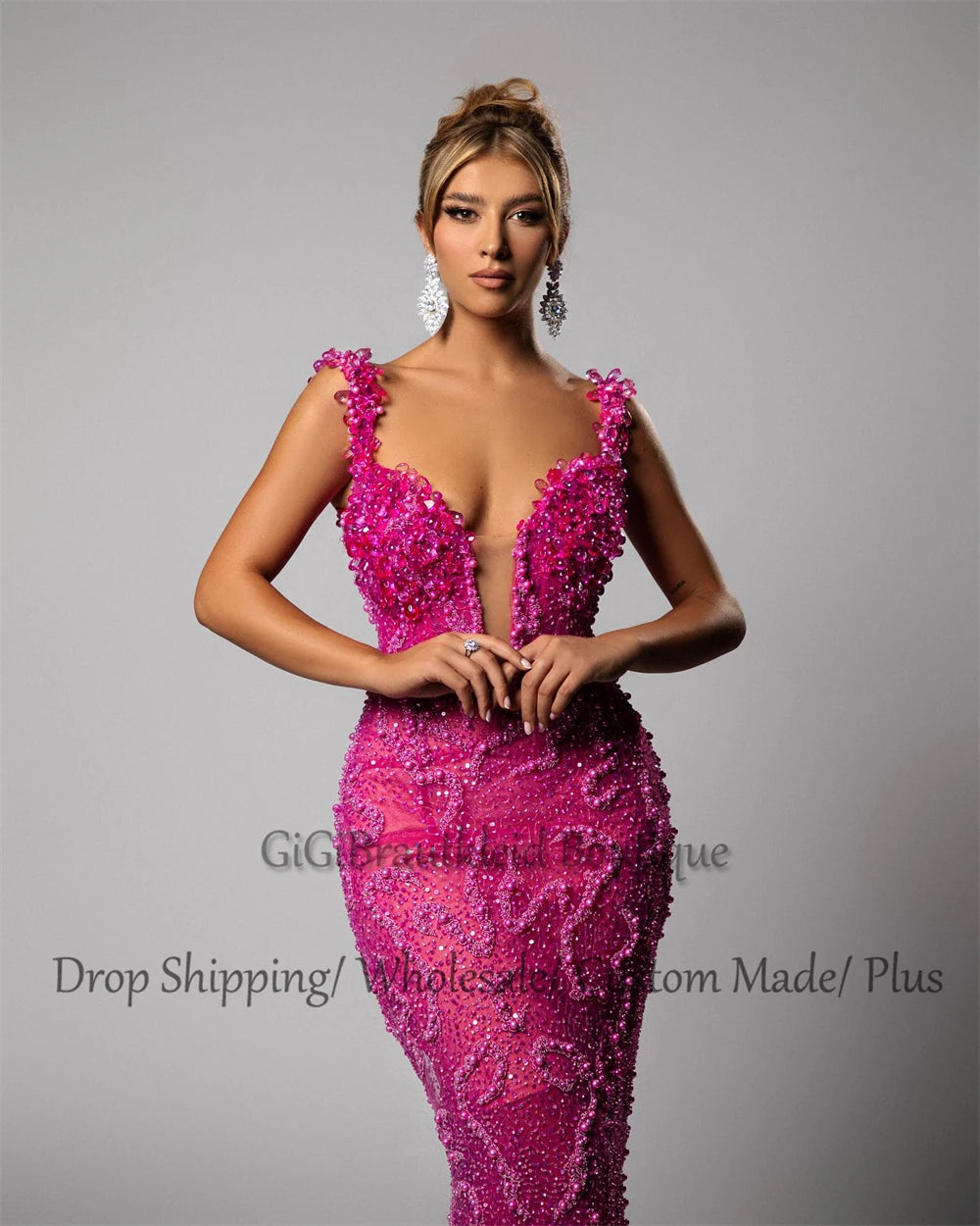 FZ Women's Crystals Beadings Trumpet Sleeveless Evening Dress