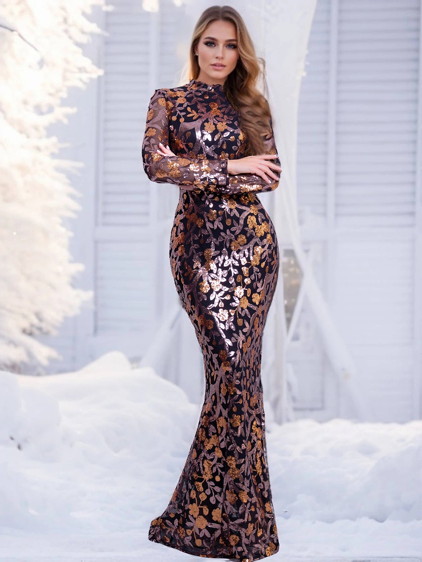 FZ Women's Stretch Floral Sequined Long Sleeve High Neck Evening Dress