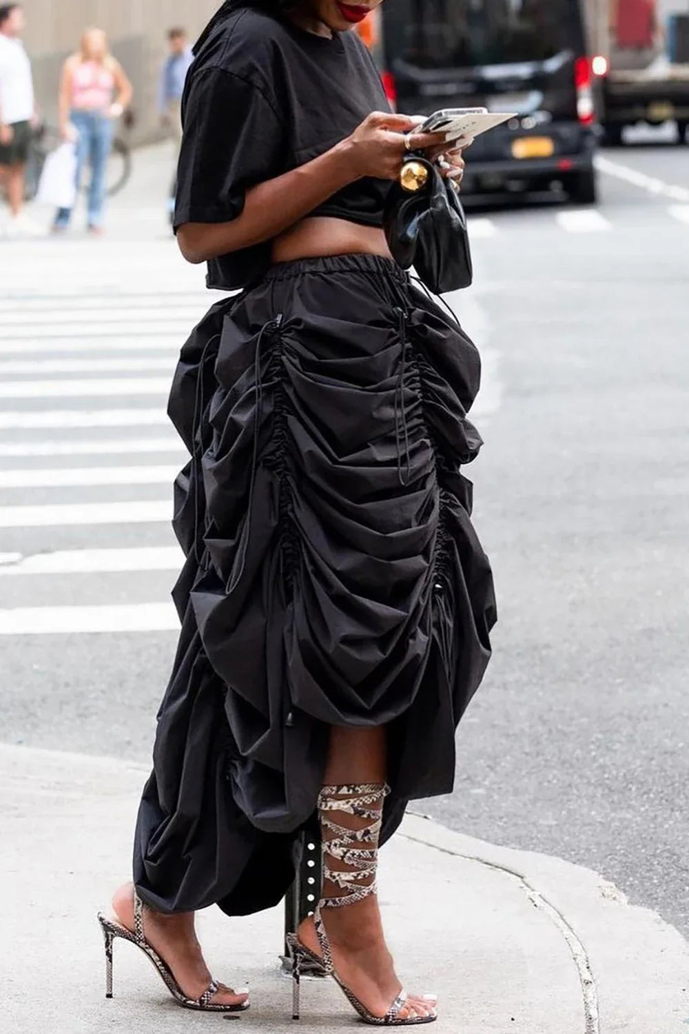 FZ Women's Fold Ruched Vintage Drawstring High Waist Two Piece Skirt Suit