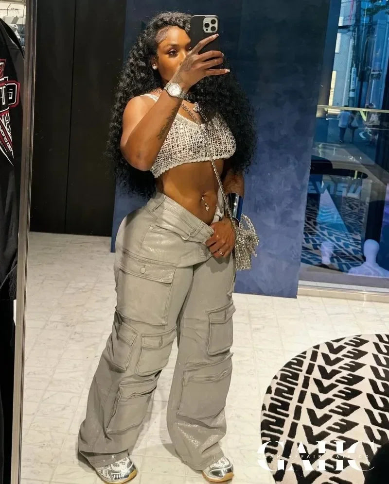 FZ Women's Silver Metallic Gilding Y2K High Waist Multi Pockets Cargo Pants